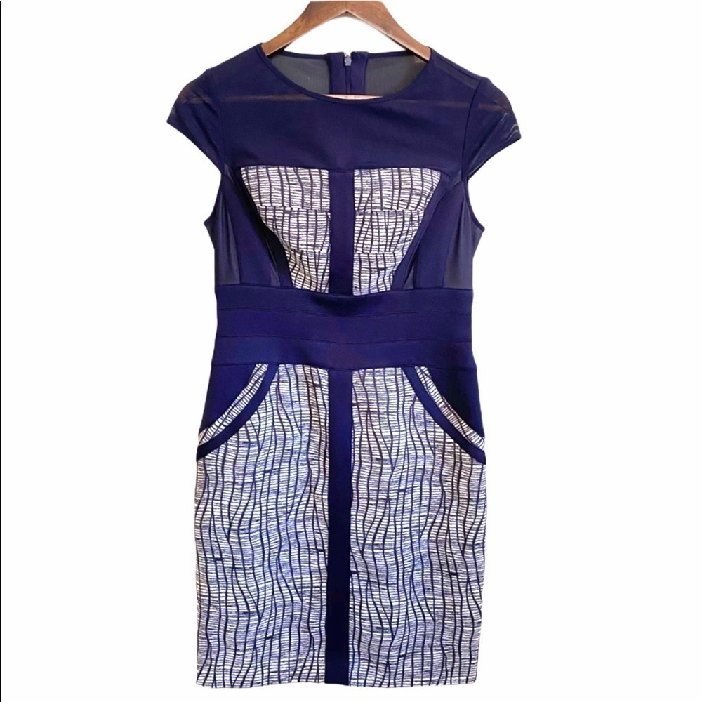 Cache Vintage Snake Print Blue Print Sheer Neck Mesh Panel Cap Sleeve Dress